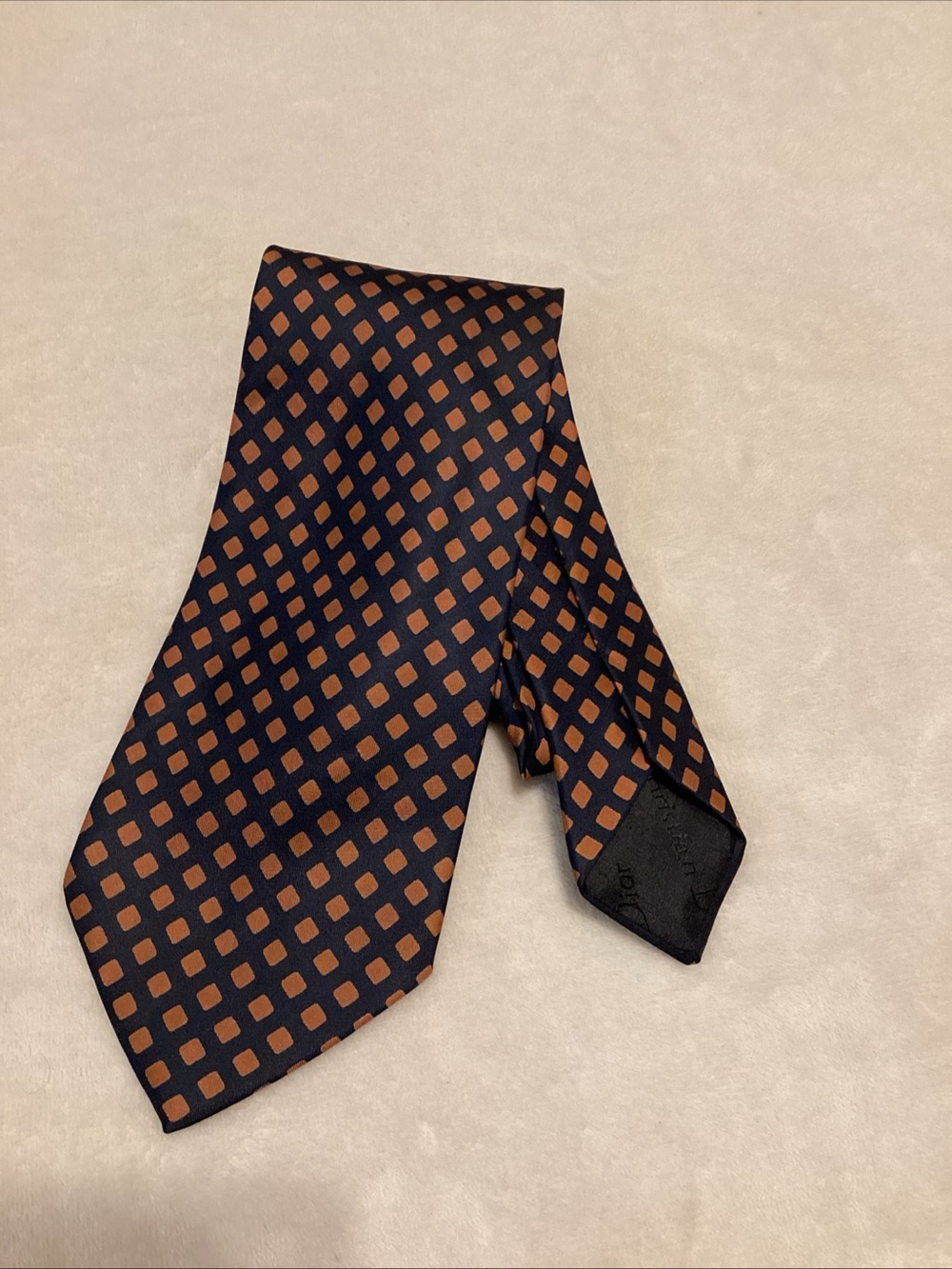 Dior Black Silk Tie with Brown Geometric Squares